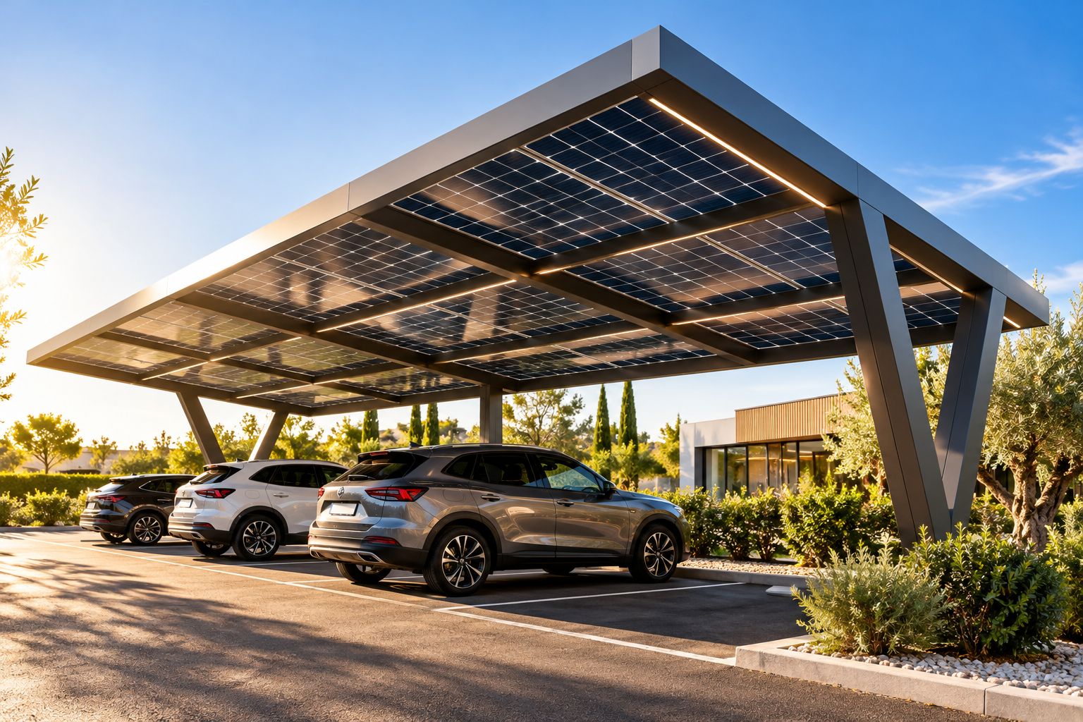 Ombrière photovoltaïque sur un parking d'entreprise
